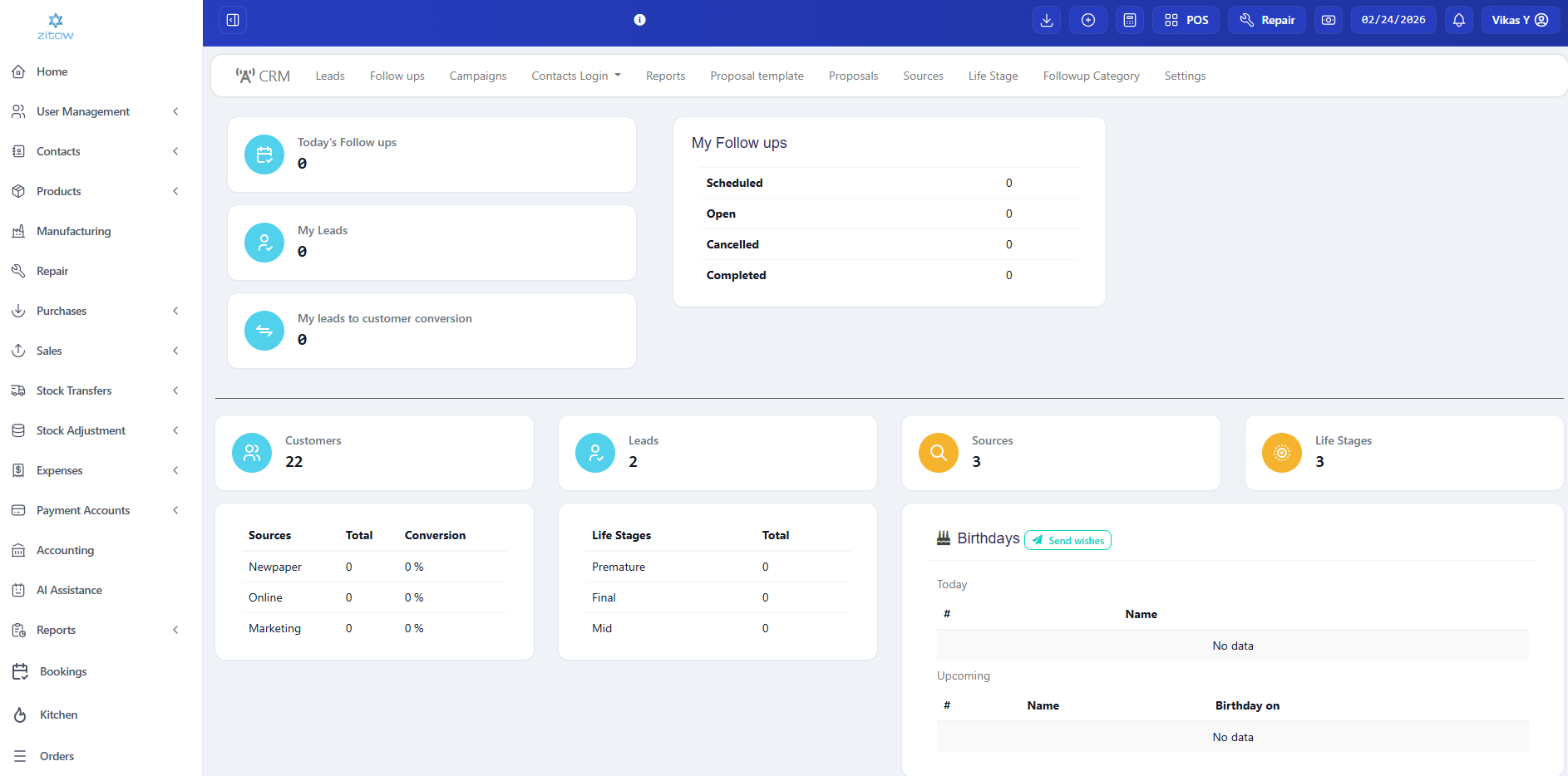 Zitow CRM Dashboard